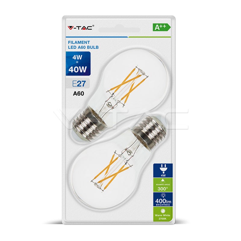 LED Bulb - 4W Filament E27 A60 Clear Cover 2700K (Blister 2 Pezzi)