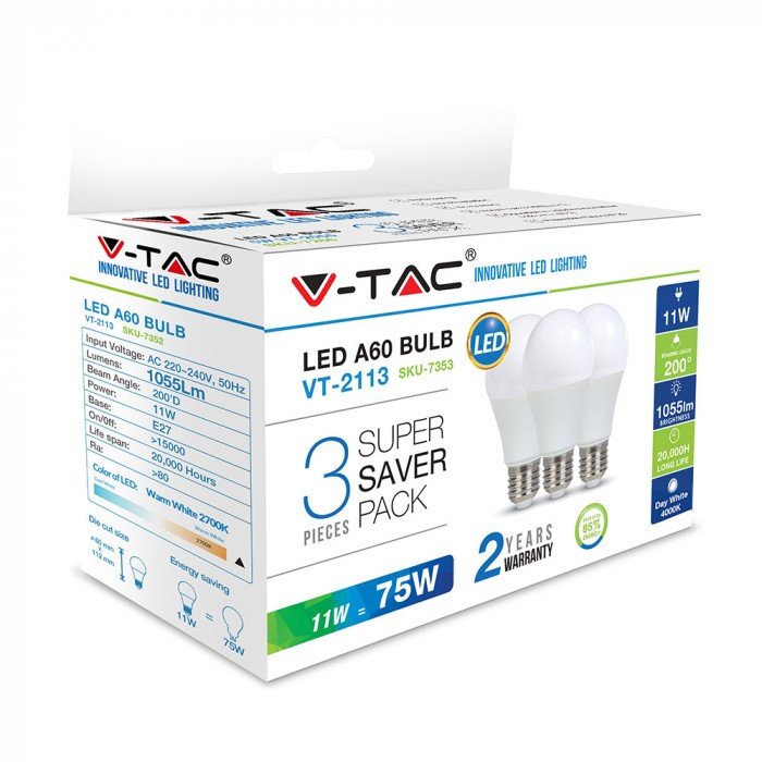 LED Bulb - 11W E27 A60 Thermoplastic 2700K (Box 3 pezzi)